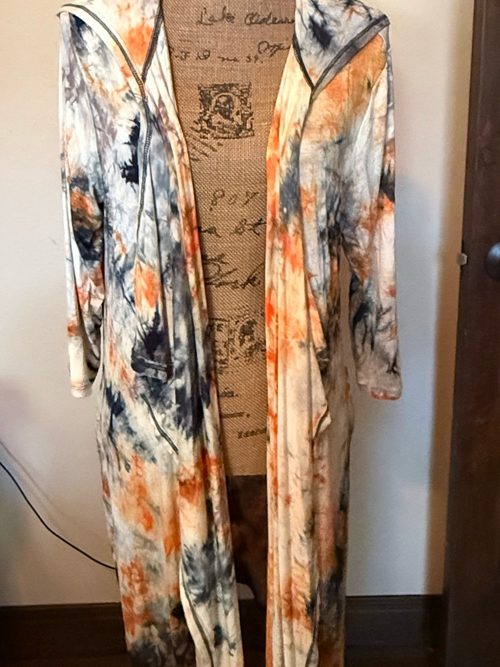 Tie-Dye Long Hooded Duster Coat - Orange, Navy & Cream